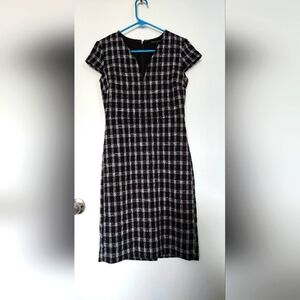 PLAID SPLIT-NECK BOUCLE SHEATH DRESS